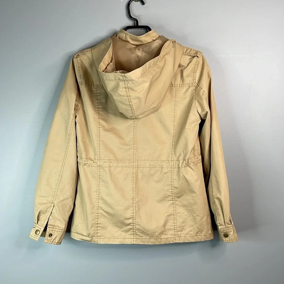 FOREVER 21 Military Jacket Khaki Tan Zip Hood Snap Flap Pockets Drawstring M - Picture 8 of 12